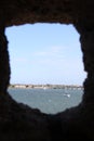 View of Mantanzas Bay from Lookout Tower window of Castillo de San Marcos Fort Royalty Free Stock Photo