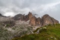 View from Mantel mountain peak summit above Rifugio Antermoia in Dolomites mountains in Italy