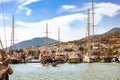 View of many yachts and boats moored at Bodrum harbor in a sunny summer day. Royalty Free Stock Photo