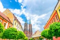 St. John the Baptist church building with two spires in old historical city centre, Ostrow Tumski, Wroclaw, Poland Royalty Free Stock Photo