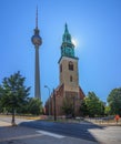 View on Marienkirche and television tower in Berlin