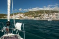 View of the Marina at Andros island from sailing boat, Aegean sea.