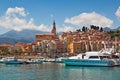 View of marina and old part of Menton, France. Royalty Free Stock Photo