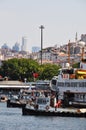 View of the marina from pleasure boats. Istanbul, anchorage of ships against the backdrop of city buildings.