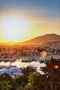 View of Marina, Yachts and boats in the Aegean Sea at sunset, July 10, 2022, Bodrum, Turkey. Royalty Free Stock Photo