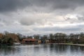 A view of Marine Park, South Shields, South Tyneside UK boating lake in winter with a dramatic sky