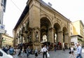 View of the market called `Porcelino` in the street `Logia del Mercato nuovo` with people walking and shopping Royalty Free Stock Photo