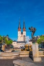 View of Market Church of Our Dear Lady or Marktkirche Unser Lieben Frauen and Gobel Fountain in Halle (Saale), Germany