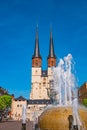 View of Market Church of Our Dear Lady or Marktkirche Unser Lieben Frauen and Gobel Fountain in Halle (Saale), Germany