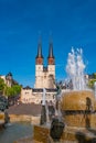 View of Market Church of Our Dear Lady or Marktkirche Unser Lieben Frauen and Gobel Fountain in Halle (Saale), Germany