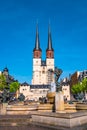 View of Market Church of Our Dear Lady or Marktkirche Unser Lieben Frauen and Gobel Fountain in Halle (Saale), Germany Royalty Free Stock Photo