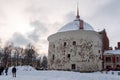 View of Market Square with old Round Tower, Vyborg, Russia