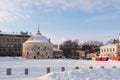 View of Market Square with old Round Tower, Vyborg, Russia