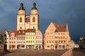 View on the market square with town hall and Stadtkirche Wittenberg in Lutherstadt Wittenberg city, Saxeny-Anhalt. Wittenberg, Royalty Free Stock Photo