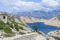 View of Maslenica Bridge in Croatia with Velebit mountain range in the background Royalty Free Stock Photo