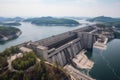 view of a massive hydroelectric power plant, with the dam and reservoirs visible in the background