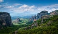 View on massive rocky pillars of Meteora, Thessaly, Greece. Nunnery of Moni Agias Varvaras Roussanou and Varlaam Royalty Free Stock Photo