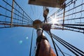 View of mast and rigging on the tall sail ship. Royalty Free Stock Photo