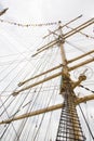 Mast of ship Detailed rigging with sails vintage sailing ship block and tackle Royalty Free Stock Photo