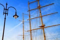 View of the masts and rigging of a sailing ship close-up Royalty Free Stock Photo