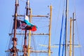 View of the masts of sailing ships with the pirate and Bulgarian flags in the port of Varna