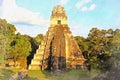 View on Maya ruins of Tikal colorful painting looks like picture, Guatemala.