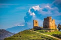 View of Mazzarino Medieval Castle with the Mount Etna in the Background during the Eruption, Caltanissetta, Sicily Royalty Free Stock Photo