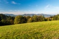 View from meadow above Malenovice village in Moravskoslezske Beskydy mountains in Czech republic Royalty Free Stock Photo