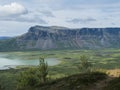 View on meandering glacial Rapadalen river delta valley at Sarek national park, Sweden Lapland with rock, mountains and