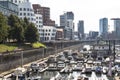 View on media harbour and small boats in Dusseldorf Royalty Free Stock Photo