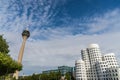 View at Medienhafen Zollhof district and Rheinturm tower in Dusseldorf, Germany.