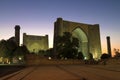 A view of the medieval Bibi Khanum madrasah against the backdrop of sunset. Samarkand