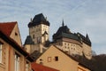 View of the medieval castle roof finials mountains and hills of the Czech Republic Prague Royalty Free Stock Photo