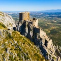 View of medieval Chateau de Queribus castle. Aude department. France