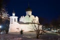 View of medieval church of Basil the Great on the Hill on February night. Pskov, Russia