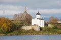 View of medieval church of Saint Georgy in the cloudy afternoon. Old Ladoga fortress, Russia Royalty Free Stock Photo