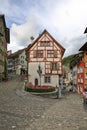 View of medieval half-timbered buildings on winding cobbled streets. Baden, canton of Aargau, Switzerland