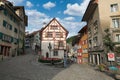 View of medieval half-timbered buildings on winding cobbled streets. Baden, canton of Aargau, Switzerland
