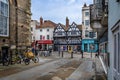 View of medieval half timbered house, now Crew Clothing Shop, from Fish Row, Salisbury, Wiltshire, UK Royalty Free Stock Photo