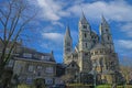 View on medieval late romanesque church from 13th century with two towers against blue sky Royalty Free Stock Photo