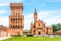 View at the Medieval tower and Church of San Vittore in Pollenzo, Italy