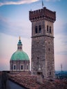 View of the medieval tower and the dome of the Cathedral in Lonato.