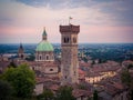 View of the medieval tower and the dome of the Cathedral in Lonato.