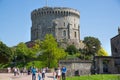 View at the medieval Windsor Castle, built 1066 by William the Conqueror. Official residence of King. Berkshire, England UK