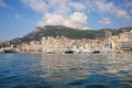 View from the Mediterranean sea of the Principality of Monaco, and Monte Carlo.