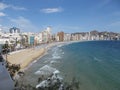 View of the Mediterranean coastline in Benidorm in Alicante with blue sea water on a clear day. Valencian Community.