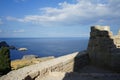 View of the Mediterranean Sea from the ancient Acropolis of Lindos. Rhodes Island, Dodecanese, Greece Royalty Free Stock Photo