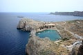 View Mediterranean sea from ancient Lindos ruins at Rhodes, Greece. Royalty Free Stock Photo