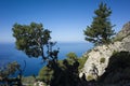 View of Mediterranean sea coast from Lycian way hiking trail high on mountain near Alinca, Nature of Turkey