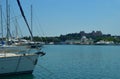 View of the mediterranean sea and Mandraki port on Rhodes island, Greece